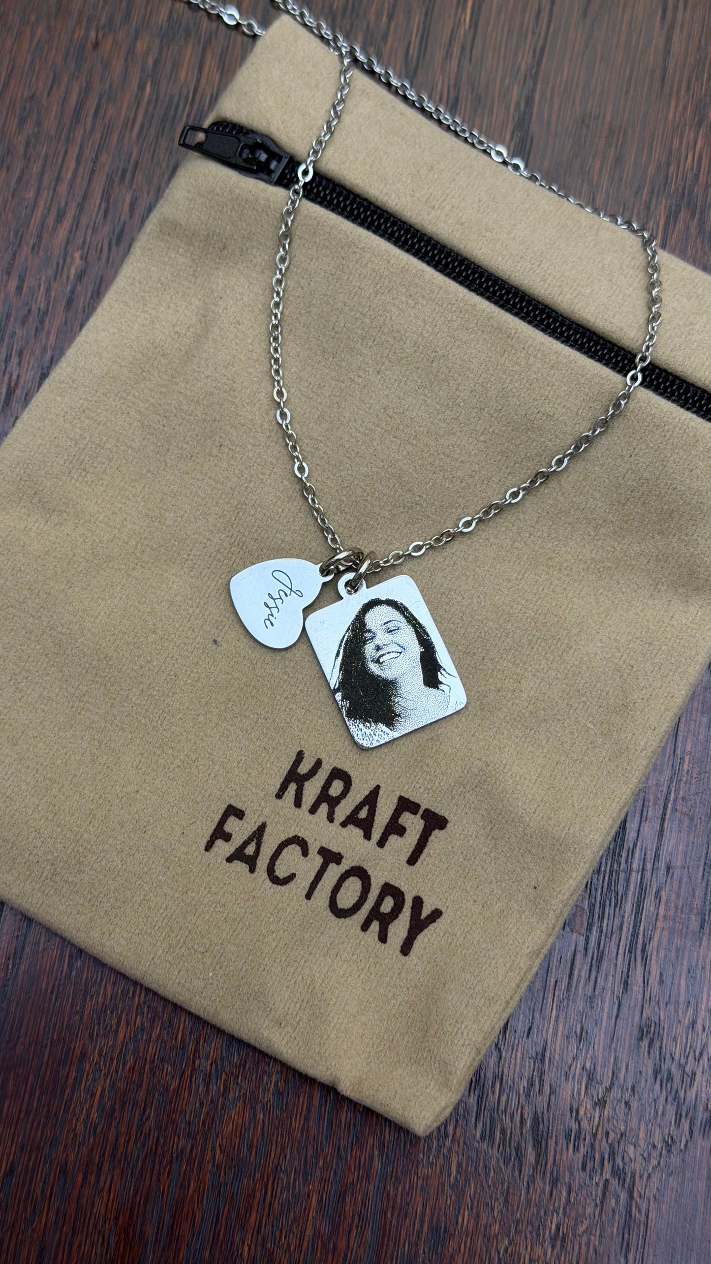 Custom Photo Engraved Pendant Necklace with Mini Heart Charm – Stainless Steel