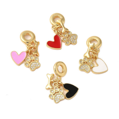 Paw, Bone & Heart Dangle Charm – 18K Gold Plated Pet Lover Pendant