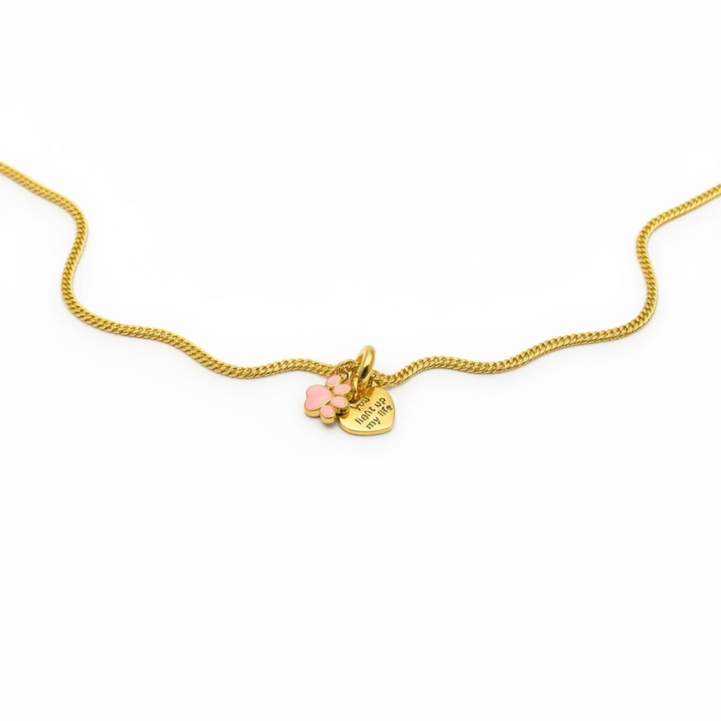 Paw & Heart Charm Necklace in Gold – 20 Inch Stainless Steel Chain, Gold Plated Brass Pendants