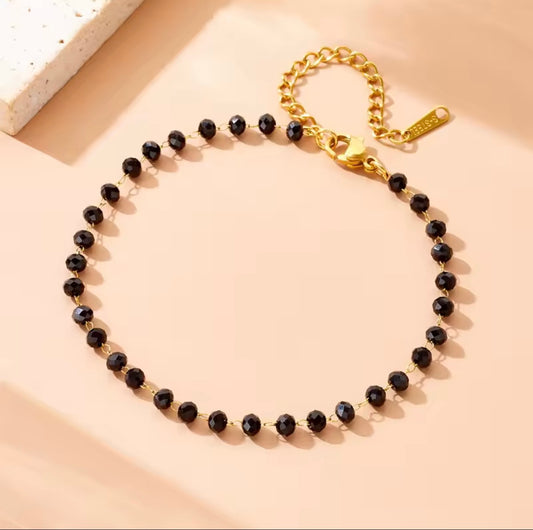 Black Glass Bead Bracelet – 316L Stainless Steel Chain