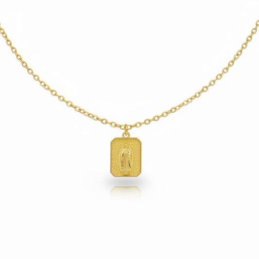 Virgin Mary Pendant Necklace in Gold – 20 Inch Stainless Steel Chain, Gold Plated Brass Pendant