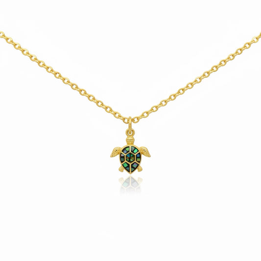 Gold Turtle Pendant Necklace with Mosaic Shell – Ocean Inspired Jewelry
