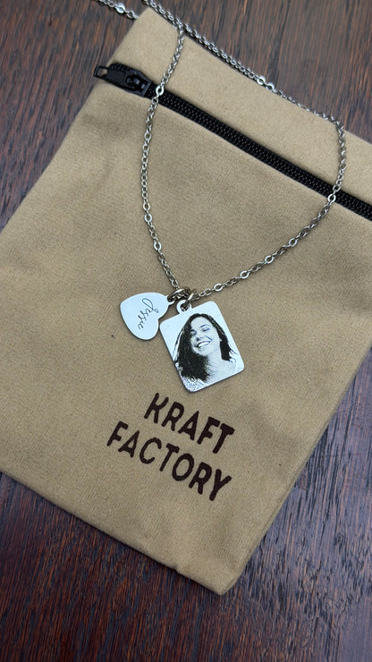 Custom Photo Engraved Pendant Necklace with Mini Heart Charm – Stainless Steel