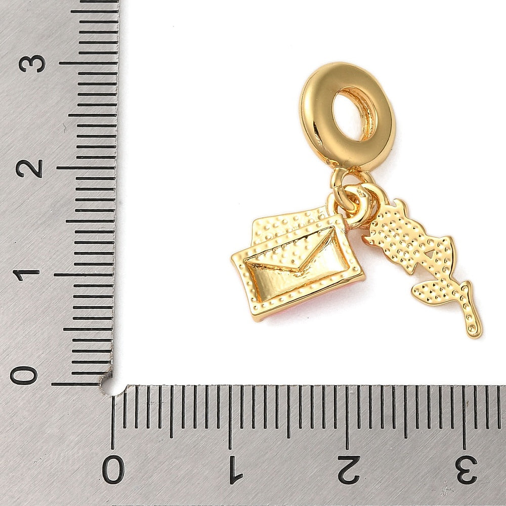 Love Letter & Rose Dangle Charm – 18K Gold Plated Pink Enamel