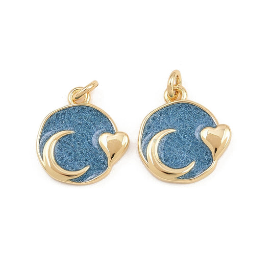 Moon & Heart Sky Blue Enamel Charm – 18K Gold Plated Round Pendant