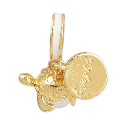 White Enamel Sea Turtle Disc Charm – 18K Gold Plated Pearl Dangle