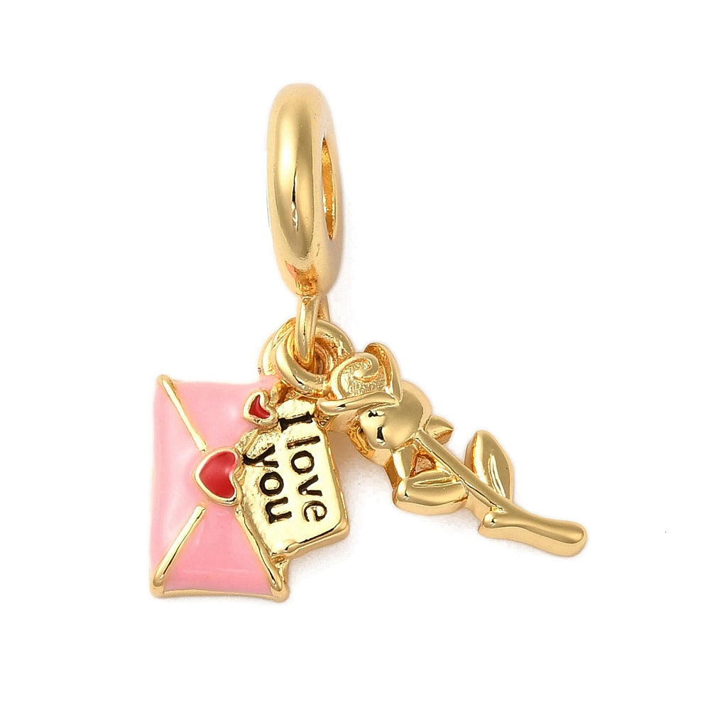 Love Letter & Rose Dangle Charm – 18K Gold Plated Pink Enamel