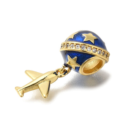 Blue Star Globe & Airplane Dangle Charm – 16K Gold Plated Travel Pendant