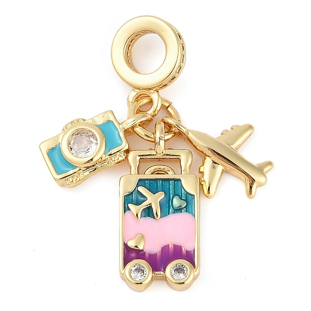 Colorful Travel Dangle Charm – Luggage, Airplane & Camera | 18K Gold Plated