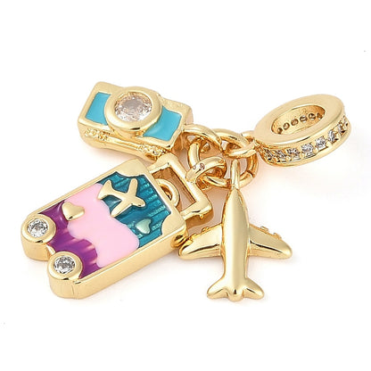Colorful Travel Dangle Charm – Luggage, Airplane & Camera | 18K Gold Plated
