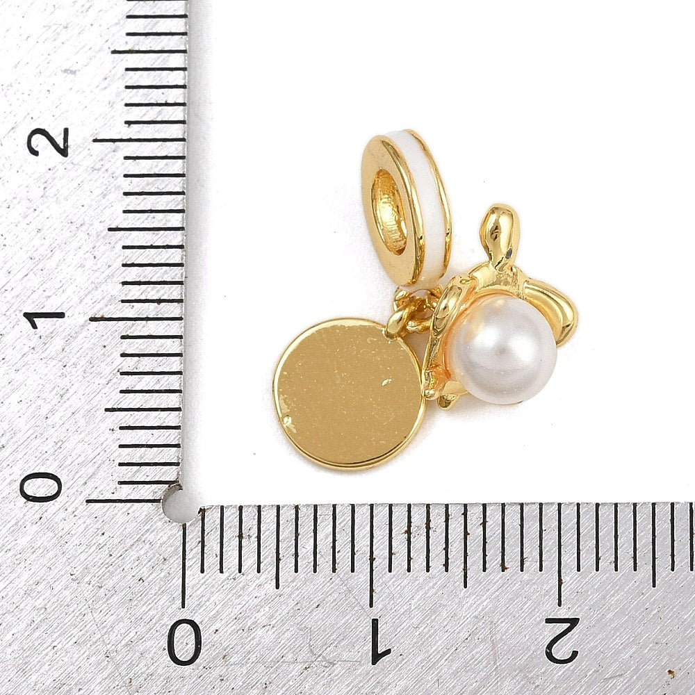 White Enamel Sea Turtle Disc Charm – 18K Gold Plated Pearl Dangle