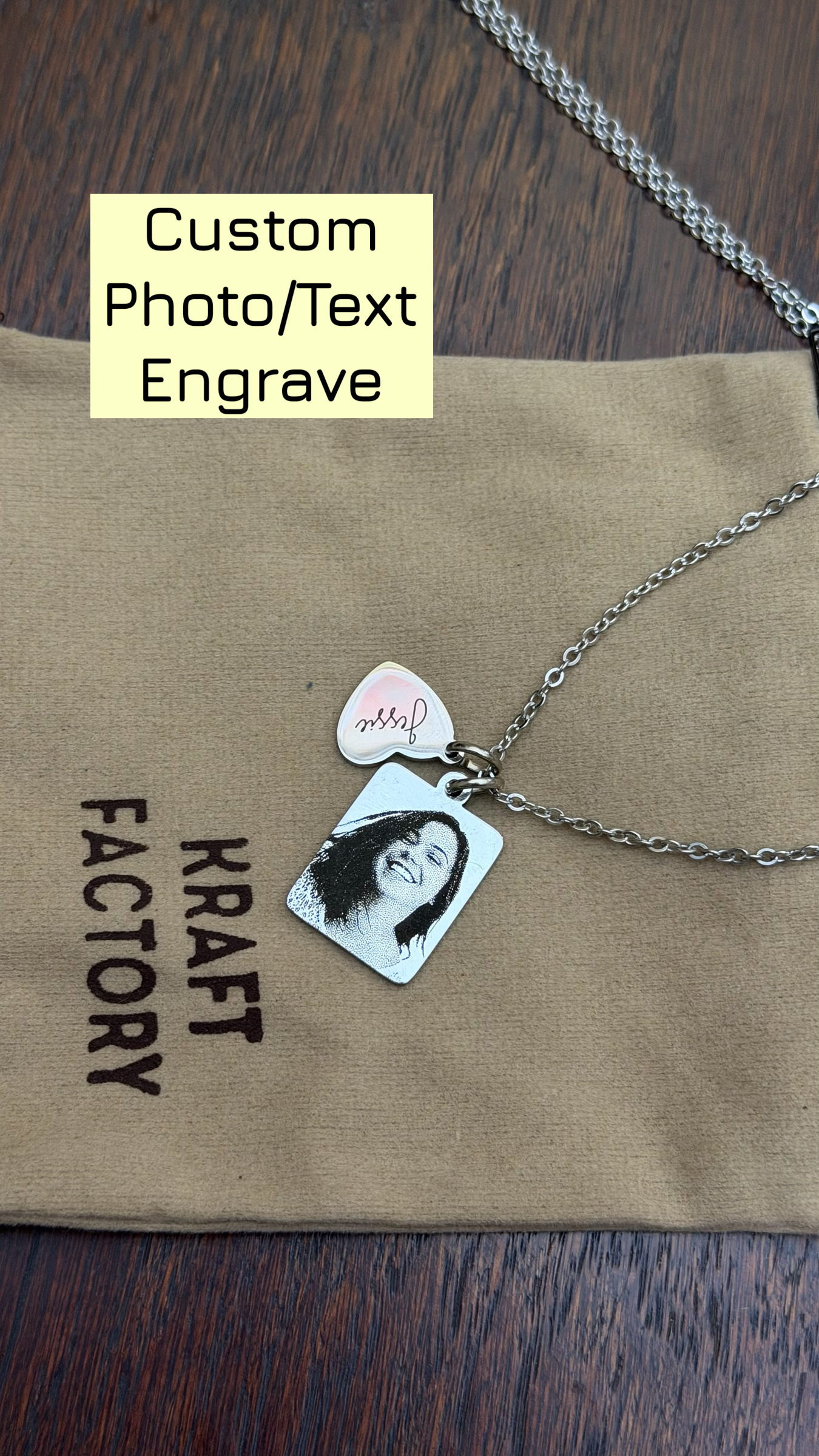 Custom Photo Engraved Pendant Necklace with Mini Heart Charm – Stainless Steel