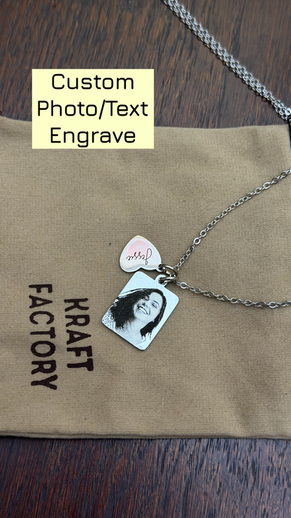 Custom Photo Engraved Pendant Necklace with Mini Heart Charm – Stainless Steel